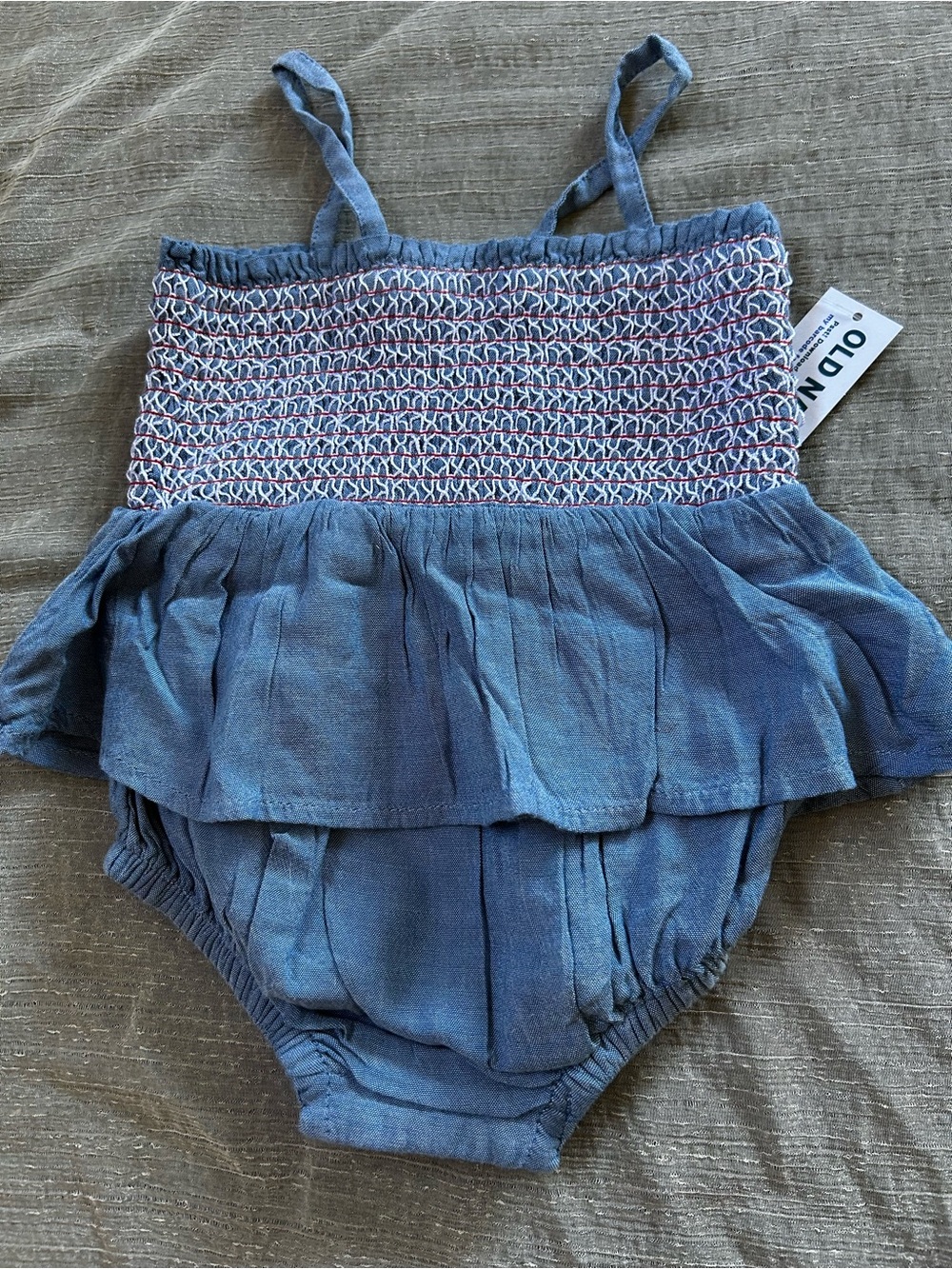 Old Navy Blue Smocked Ruffle Baby Romper with Pink Accent